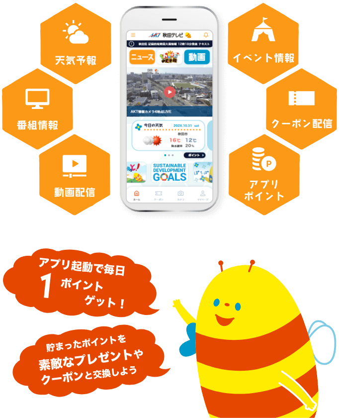 天気予報 番組情報 動画配信 イベント情報 クーポン配信 アプリポイント アプリ起動で毎日1ポイントゲット! 貯まったポイントを素敵なプレゼントやクーポンと交換しよう
