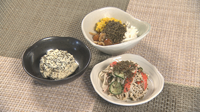 とんぶりと切り干し大根のサラダ・とんぶりの和え物・とんぶりの白和え midori251122-3